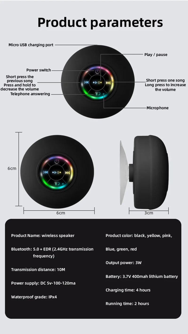 Portable Waterproof Bluetooth Shower Speaker with Suction Cup and LED Lighting, Featuring 3D Surround Stereo Subwoofer