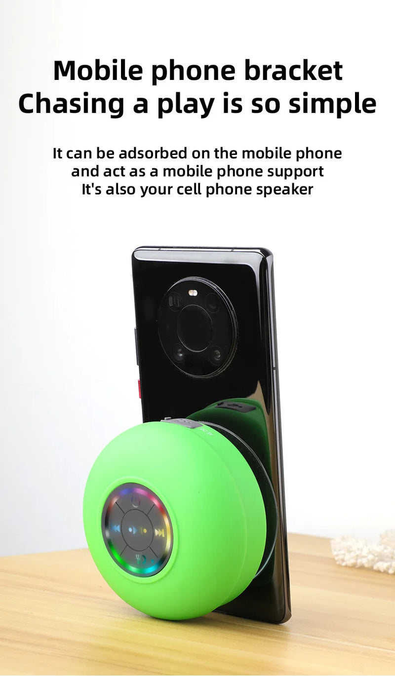 Portable Waterproof Bluetooth Shower Speaker with Suction Cup and LED Lighting, Featuring 3D Surround Stereo Subwoofer