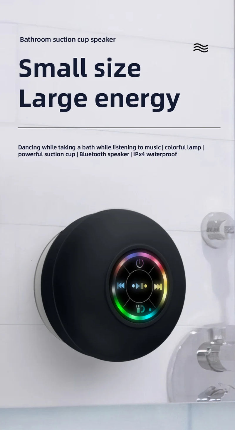 Portable Waterproof Bluetooth Shower Speaker with Suction Cup and LED Lighting, Featuring 3D Surround Stereo Subwoofer