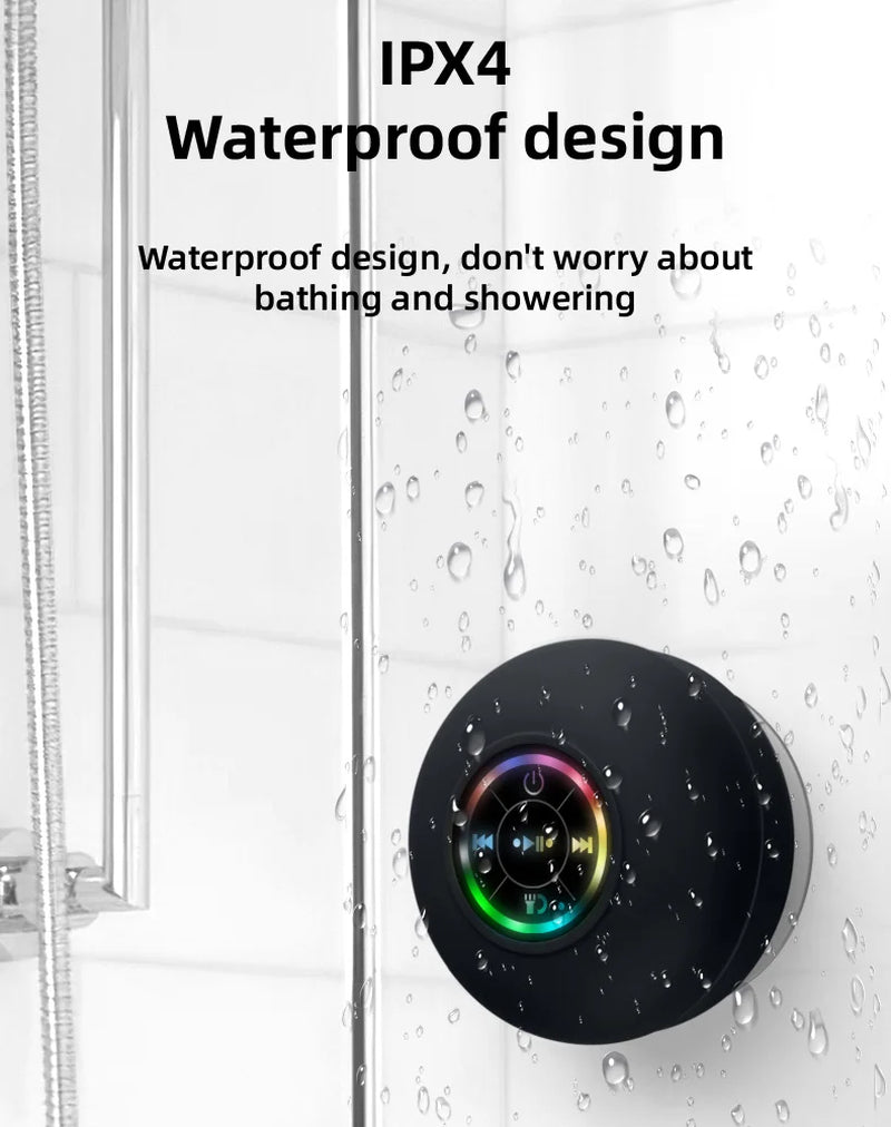 Portable Waterproof Bluetooth Shower Speaker with Suction Cup and LED Lighting, Featuring 3D Surround Stereo Subwoofer