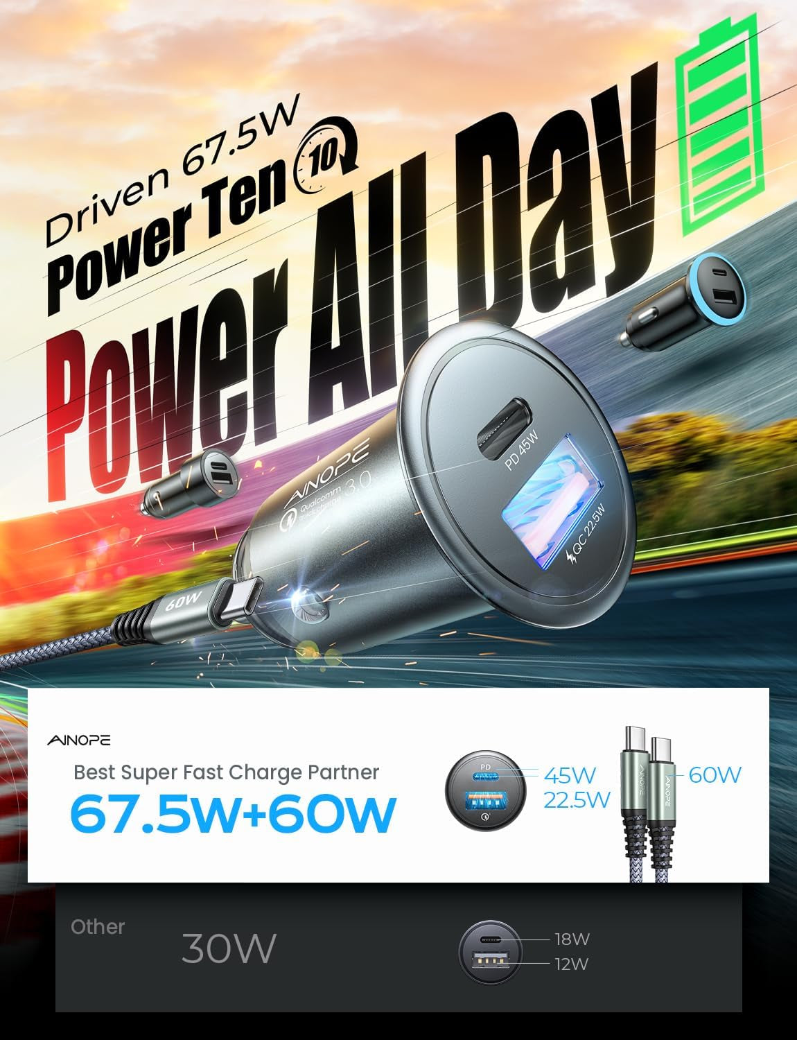 67.5W for Iphone 17 Car Charger USB C Fast Charge, PD 45W USBC Car Phone Charger Adapter, All Metal Cigarette Lighter Adapter for Iphone 17 Pro Max Air 16 15 Air Samsung S25 Android