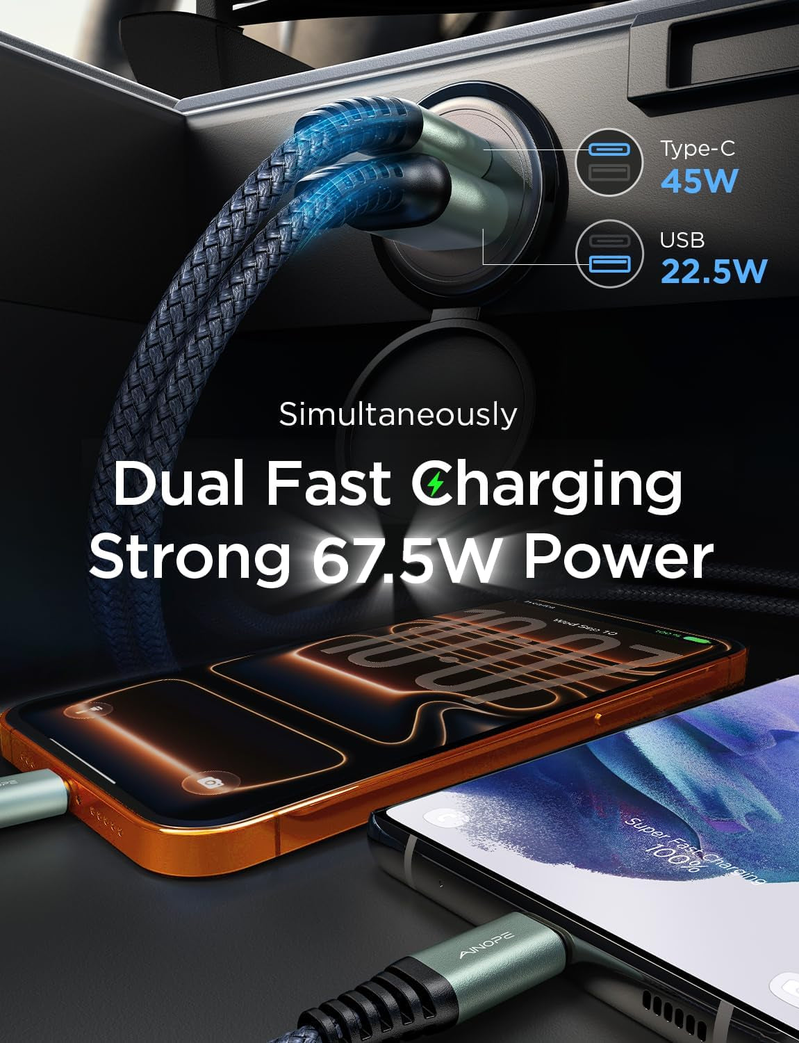 67.5W for Iphone 17 Car Charger USB C Fast Charge, PD 45W USBC Car Phone Charger Adapter, All Metal Cigarette Lighter Adapter for Iphone 17 Pro Max Air 16 15 Air Samsung S25 Android