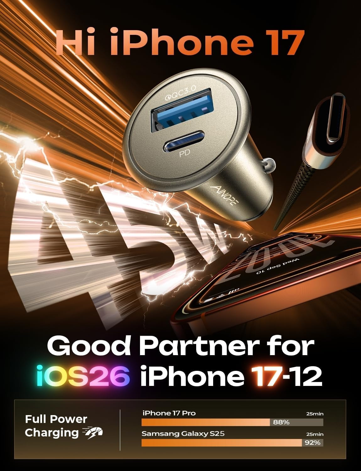 67.5W for Iphone 17 Car Charger USB C Fast Charge, PD 45W USBC Car Phone Charger Adapter, All Metal Cigarette Lighter Adapter for Iphone 17 Pro Max Air 16 15 Air Samsung S25 Android